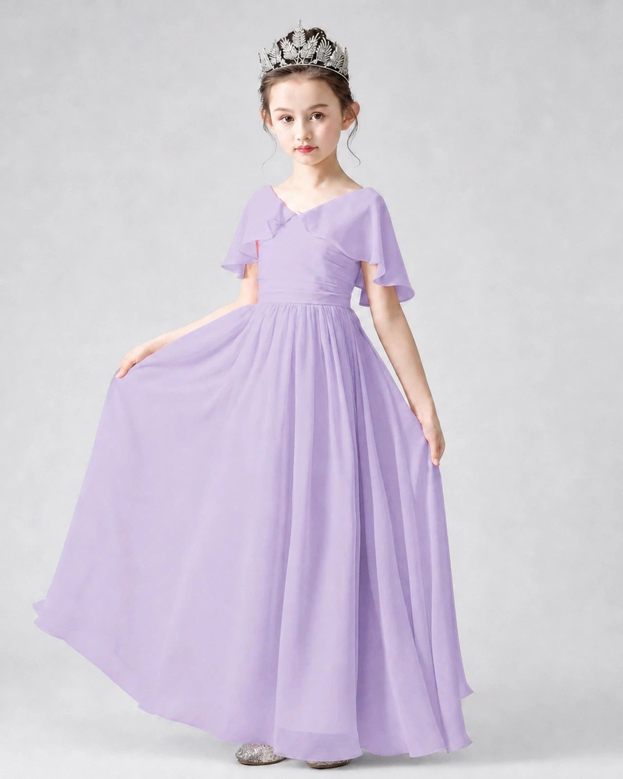 Dideyttawl Junior Bridesmaid Dress with Flutter Sleeves and Chiffon Pleated Skirt