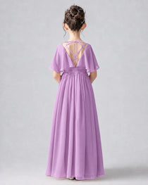 Dideyttawl Junior Bridesmaid Dress with Flutter Sleeves and Chiffon Pleated Skirt