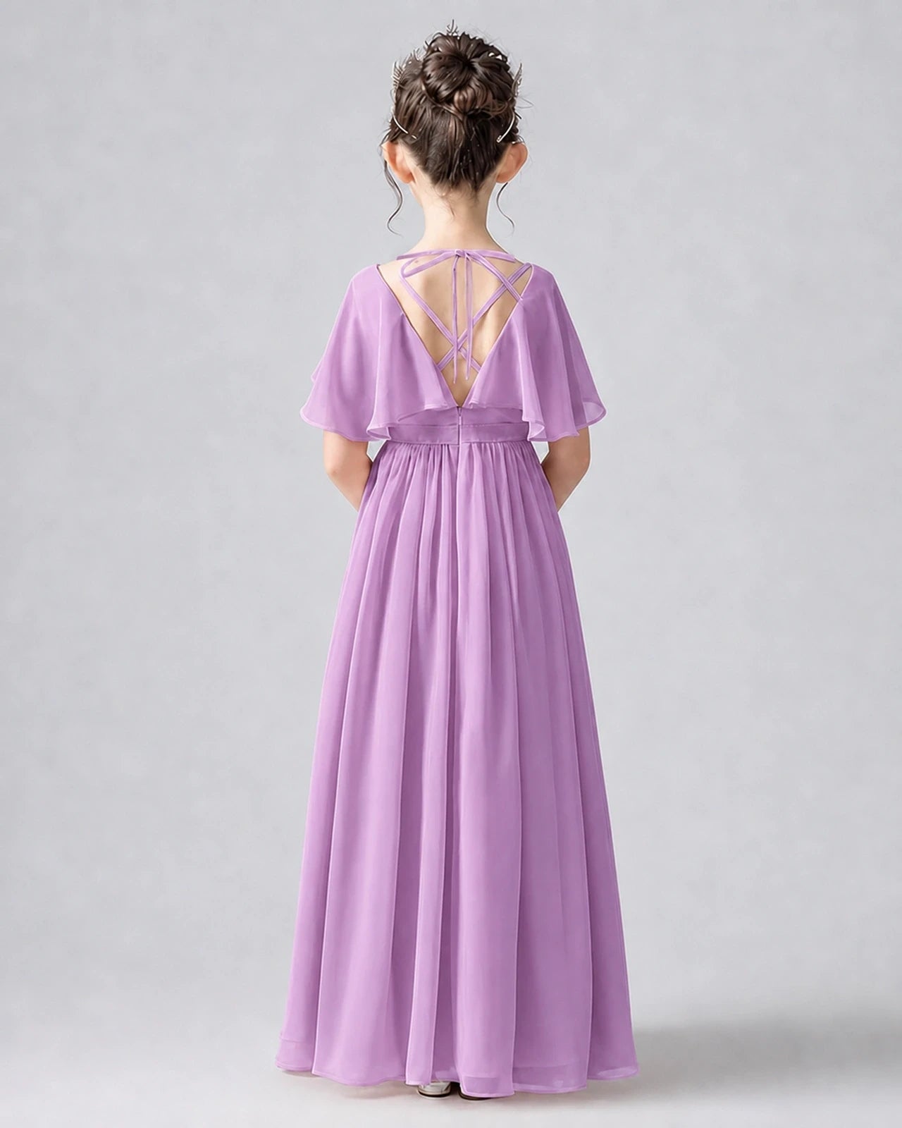 Dideyttawl Junior Bridesmaid Dress with Flutter Sleeves and Chiffon Pleated Skirt