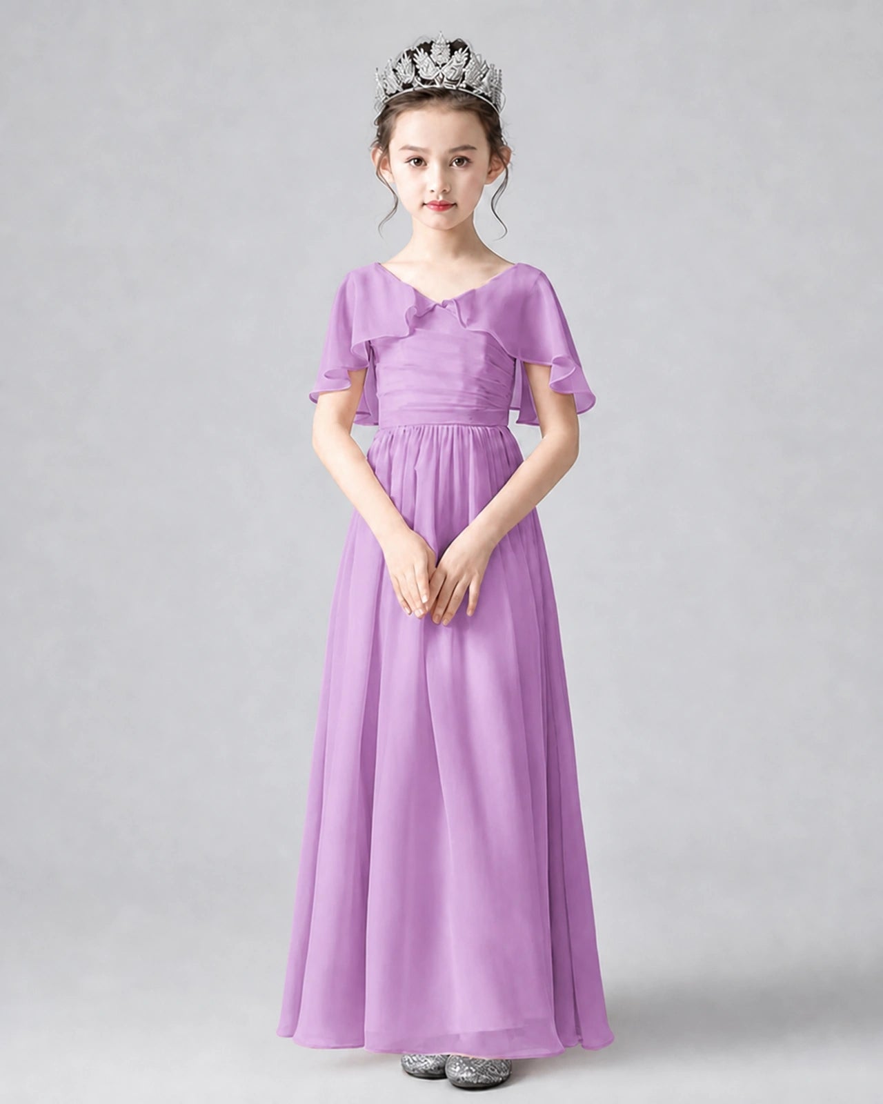 Dideyttawl Junior Bridesmaid Dress with Flutter Sleeves and Chiffon Pleated Skirt