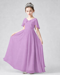 Dideyttawl Junior Bridesmaid Dress with Flutter Sleeves and Chiffon Pleated Skirt