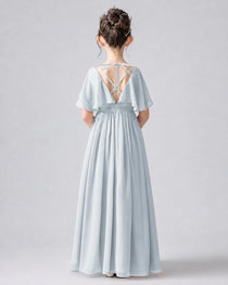 Dideyttawl Junior Bridesmaid Dress with Flutter Sleeves and Chiffon Pleated Skirt