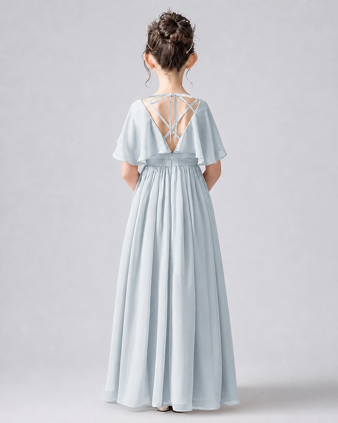 Dideyttawl Junior Bridesmaid Dress with Flutter Sleeves and Chiffon Pleated Skirt