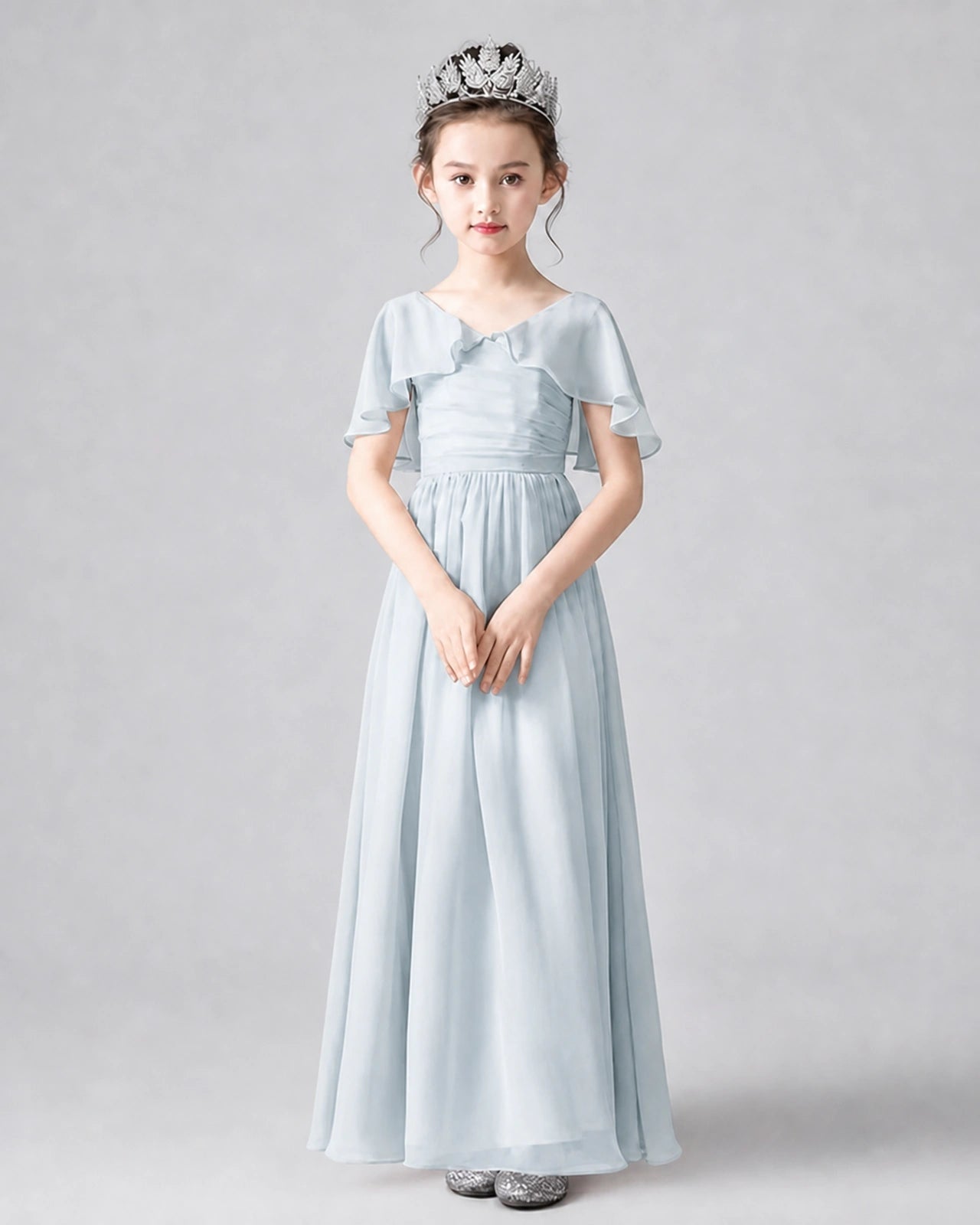 Dideyttawl Junior Bridesmaid Dress with Flutter Sleeves and Chiffon Pleated Skirt