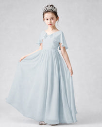 Dideyttawl Junior Bridesmaid Dress with Flutter Sleeves and Chiffon Pleated Skirt