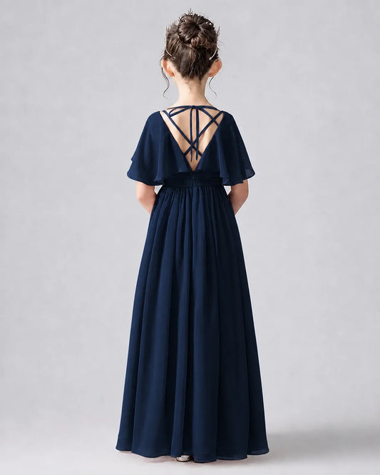 Navy Blue Chiffon A-line Junior Bridesmaid Dress Back View