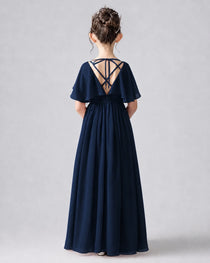 Dideyttawl Junior Bridesmaid Dress with Flutter Sleeves and Chiffon Pleated Skirt