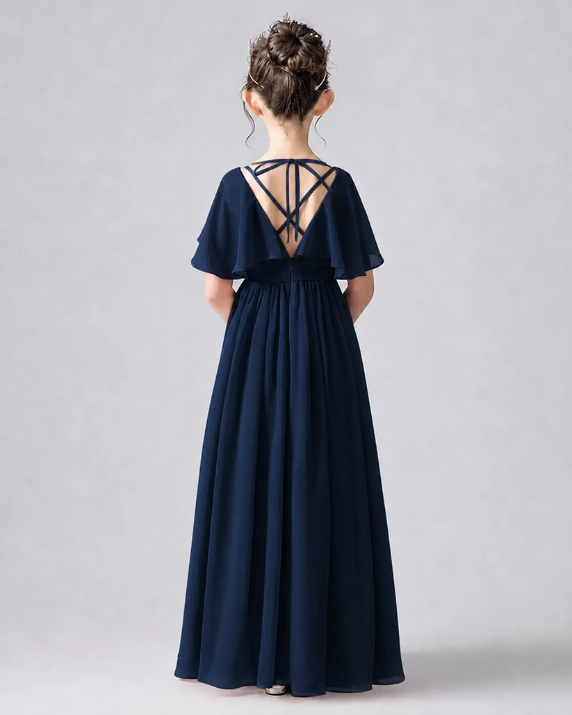 Navy Blue Chiffon A-line Junior Bridesmaid Dress Back View