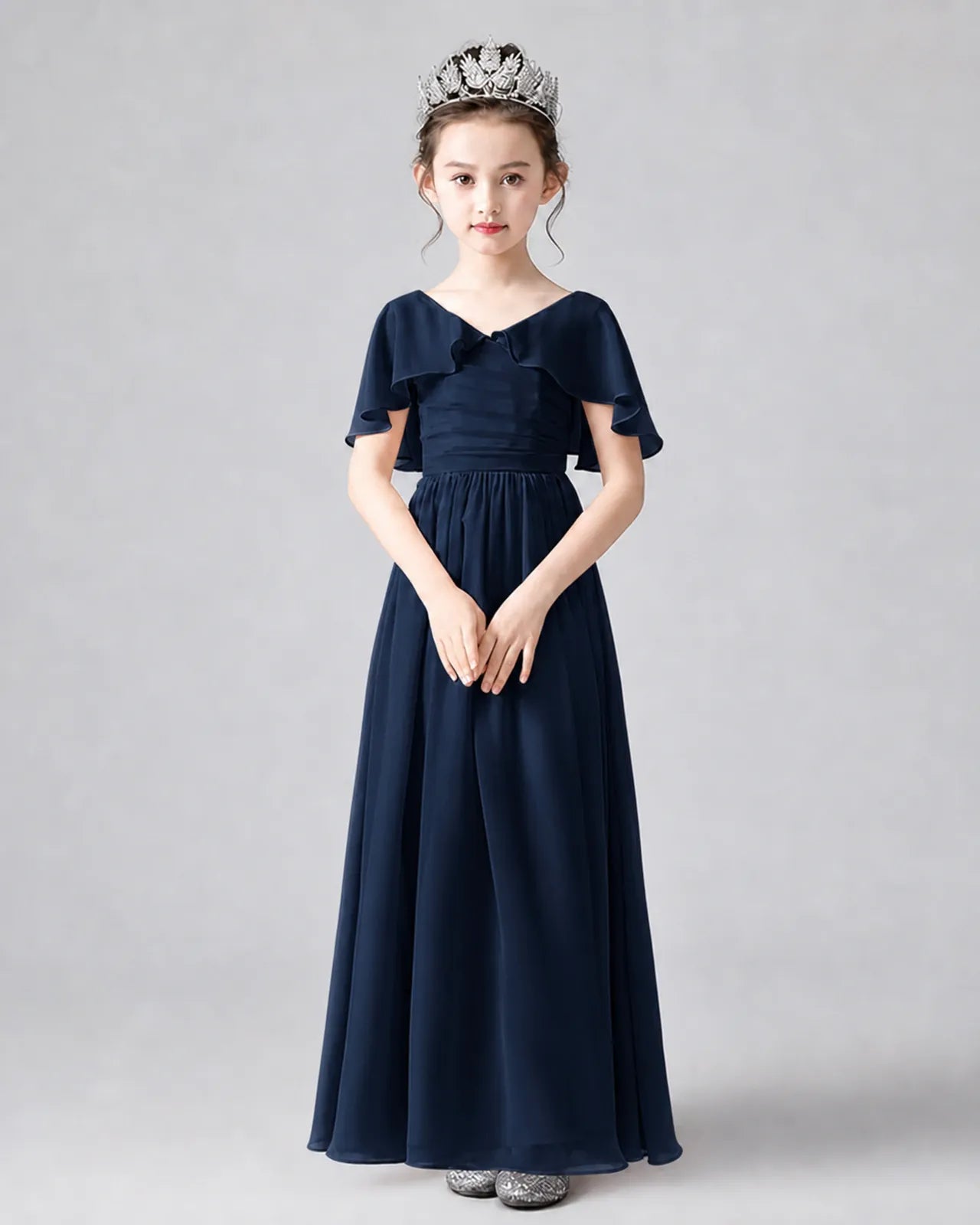 Navy Blue Chiffon A-line Junior Bridesmaid Dress Front View