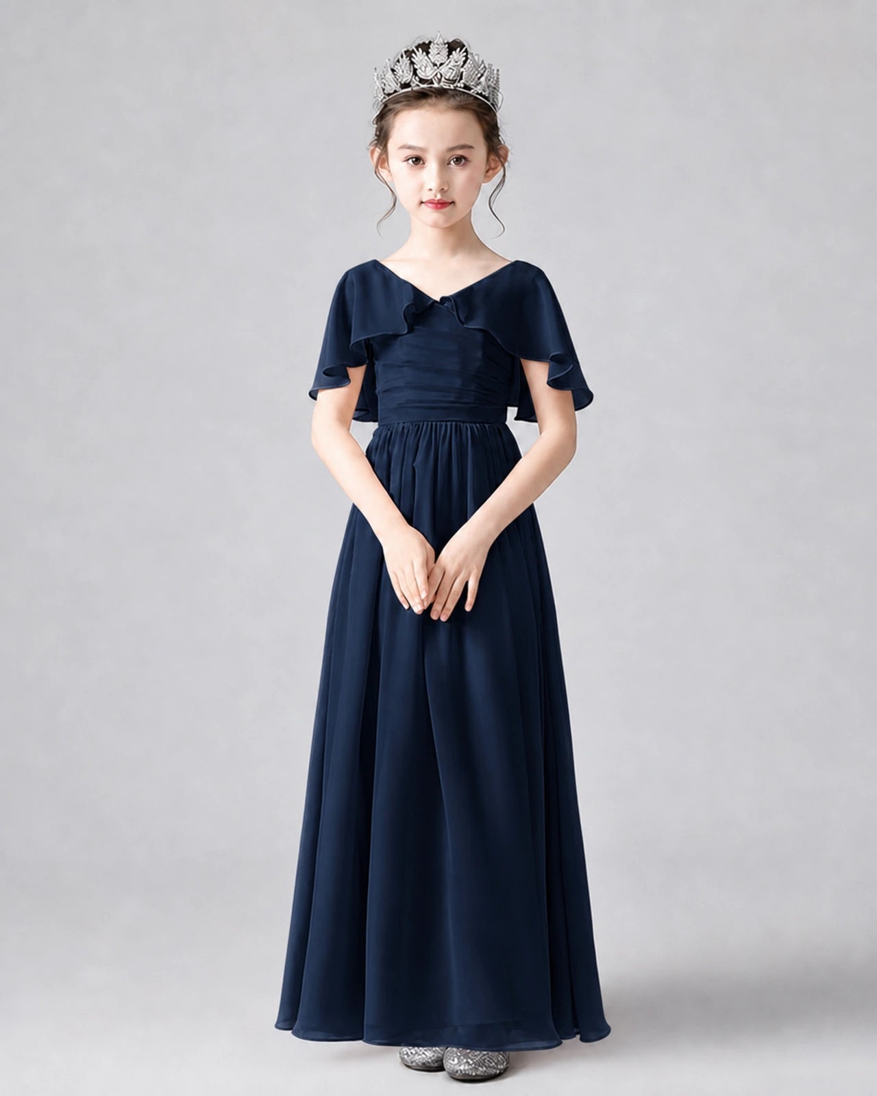 Dideyttawl Junior Bridesmaid Dress with Flutter Sleeves and Chiffon Pleated Skirt