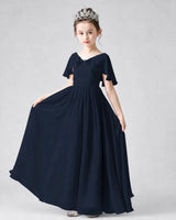 Navy Blue Chiffon A-line Junior Bridesmaid Dress Front View