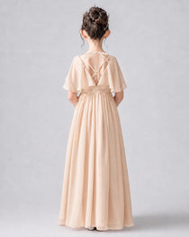 Dideyttawl Junior Bridesmaid Dress with Flutter Sleeves and Chiffon Pleated Skirt