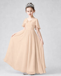 Dideyttawl Junior Bridesmaid Dress with Flutter Sleeves and Chiffon Pleated Skirt