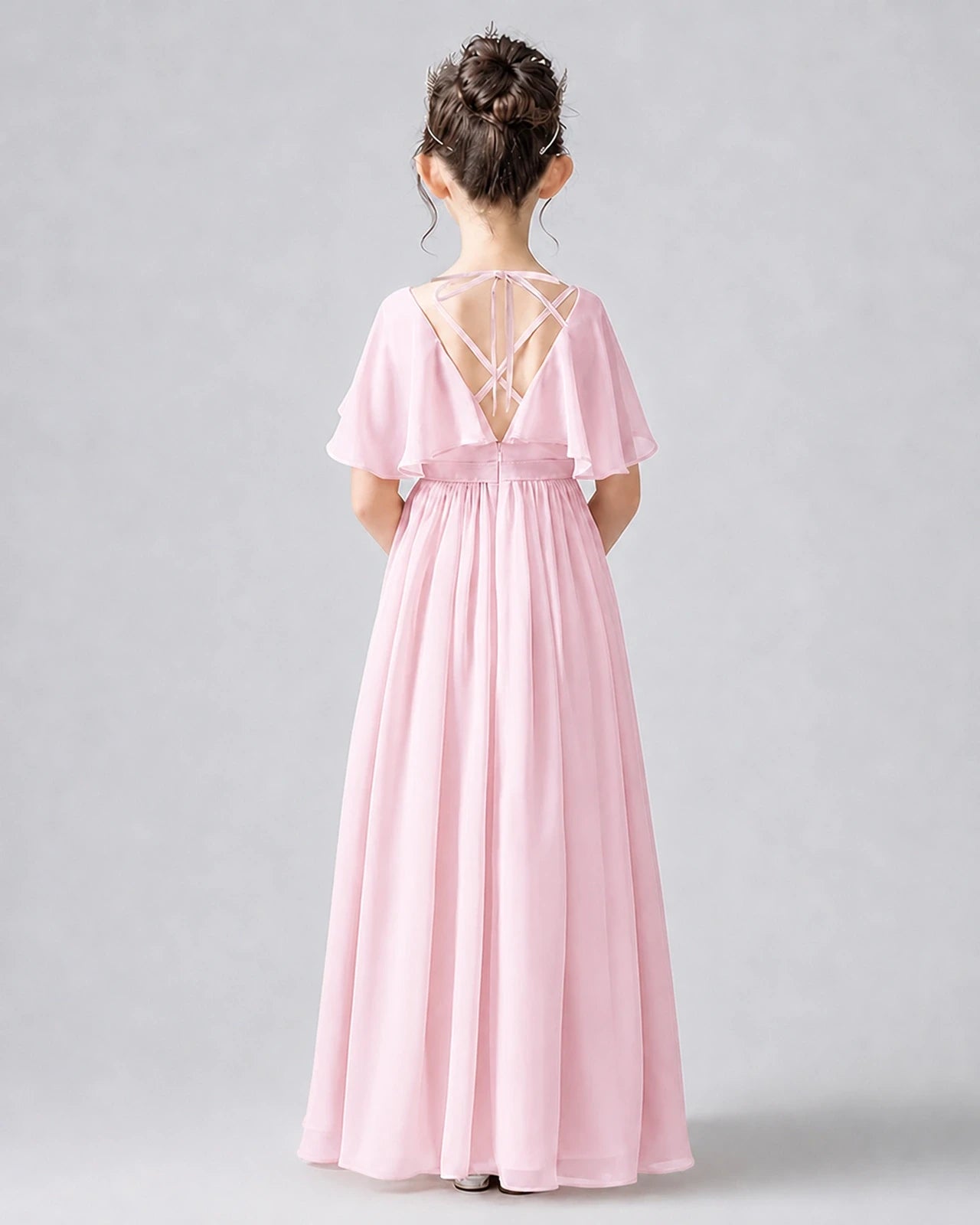 Dideyttawl Junior Bridesmaid Dress with Flutter Sleeves and Chiffon Pleated Skirt