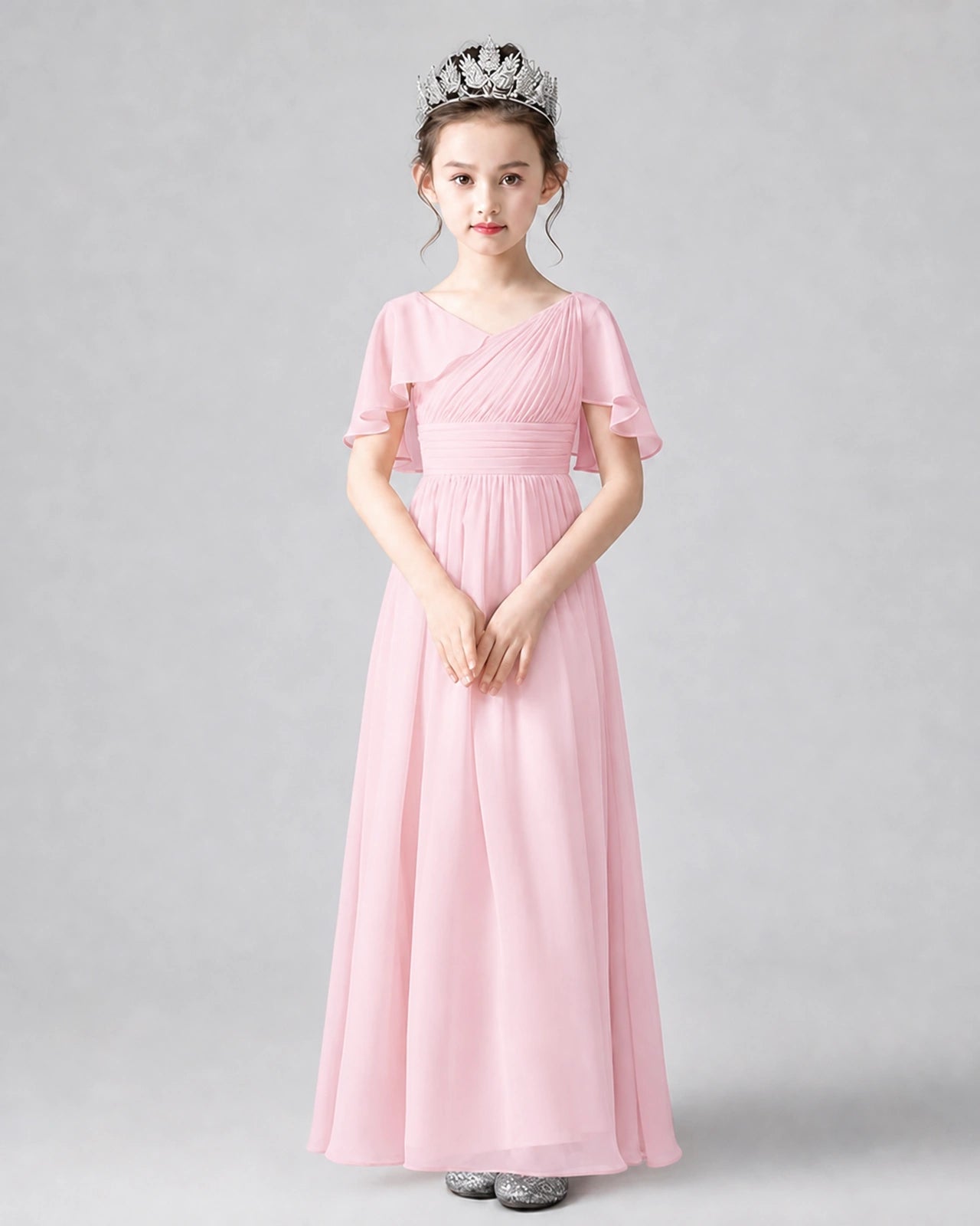 Dideyttawl Junior Bridesmaid Dress with Flutter Sleeves and Chiffon Pleated Skirt