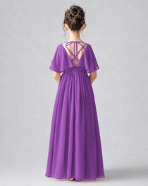 Dideyttawl Junior Bridesmaid Dress with Flutter Sleeves and Chiffon Pleated Skirt