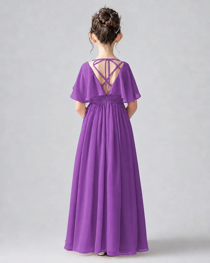 Purple Chiffon A-line Junior Bridesmaid Dress Back View
