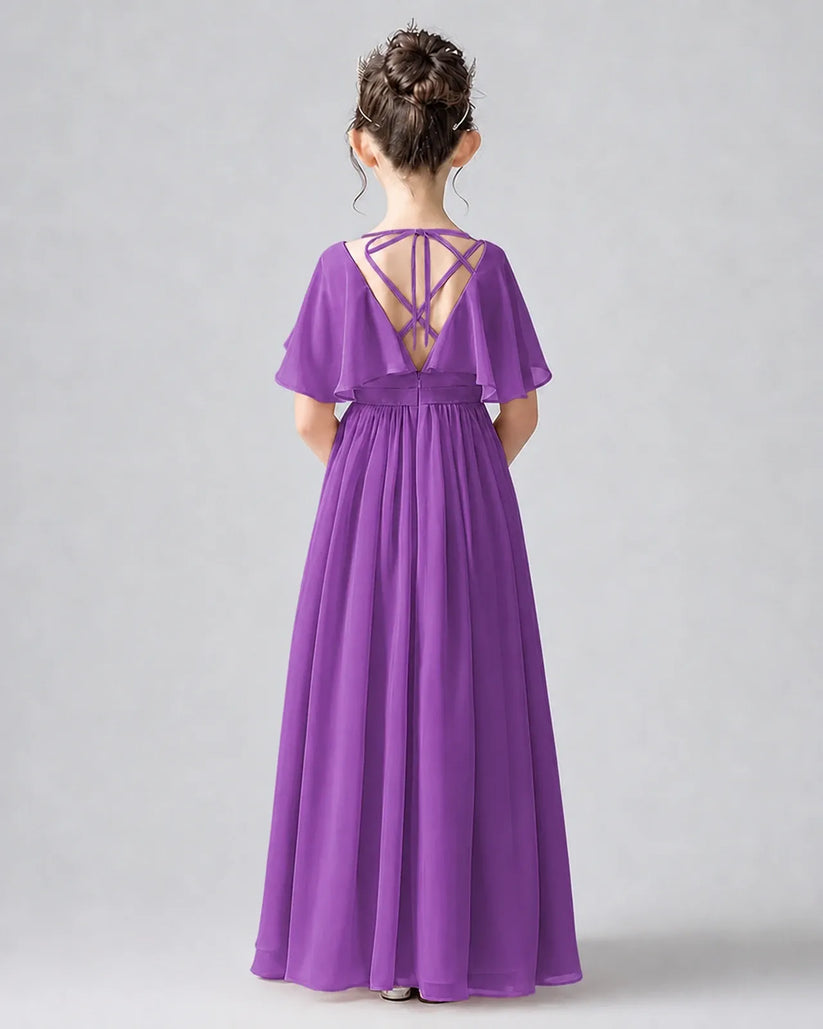 Purple Chiffon A-line Junior Bridesmaid Dress Back View