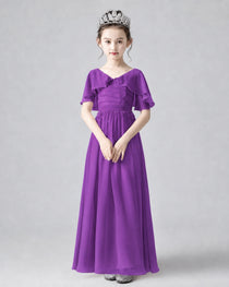 Dideyttawl Junior Bridesmaid Dress with Flutter Sleeves and Chiffon Pleated Skirt