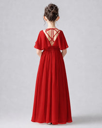 Dideyttawl Junior Bridesmaid Dress with Flutter Sleeves and Chiffon Pleated Skirt