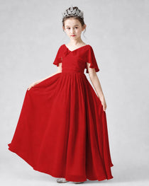 Dideyttawl Junior Bridesmaid Dress with Flutter Sleeves and Chiffon Pleated Skirt