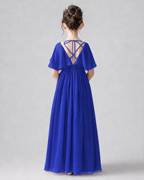 Dideyttawl Junior Bridesmaid Dress with Flutter Sleeves and Chiffon Pleated Skirt
