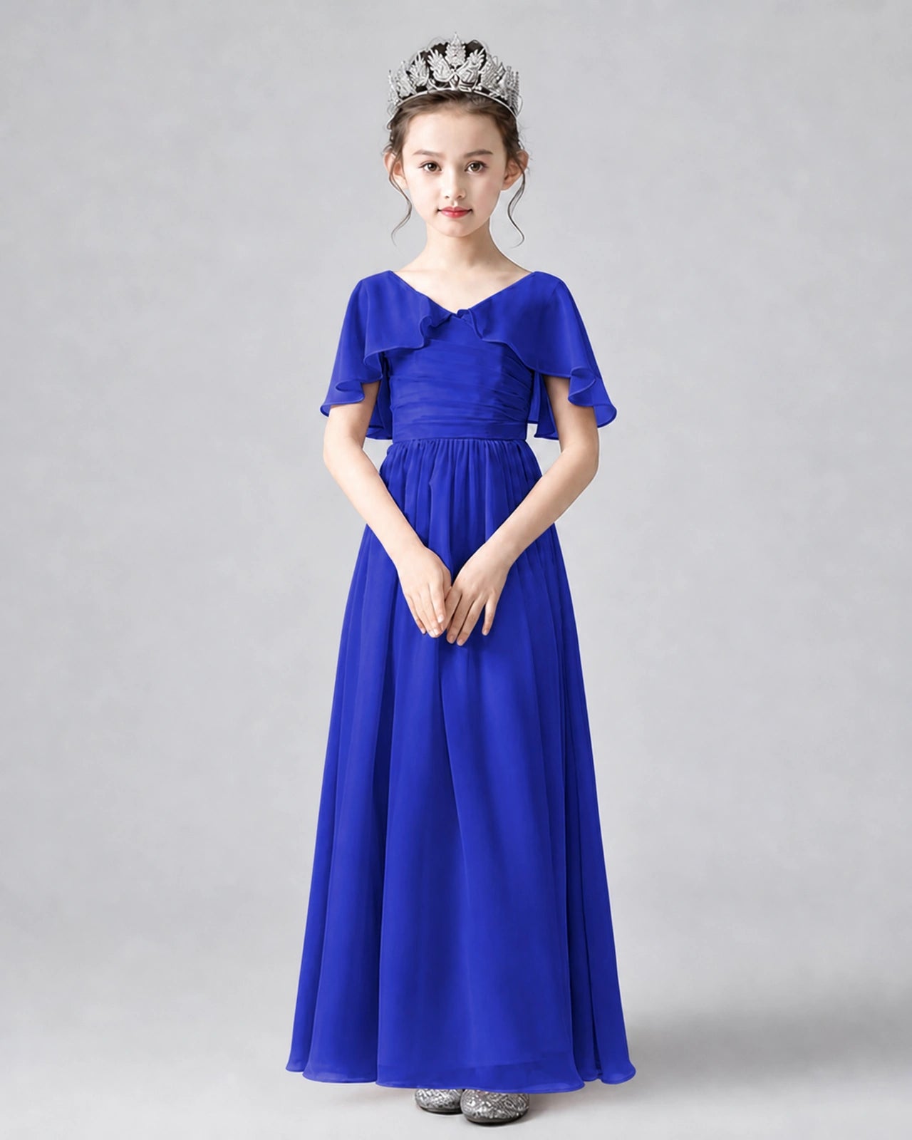 Dideyttawl Junior Bridesmaid Dress with Flutter Sleeves and Chiffon Pleated Skirt