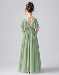 Dideyttawl Junior Bridesmaid Dress with Flutter Sleeves and Chiffon Pleated Skirt