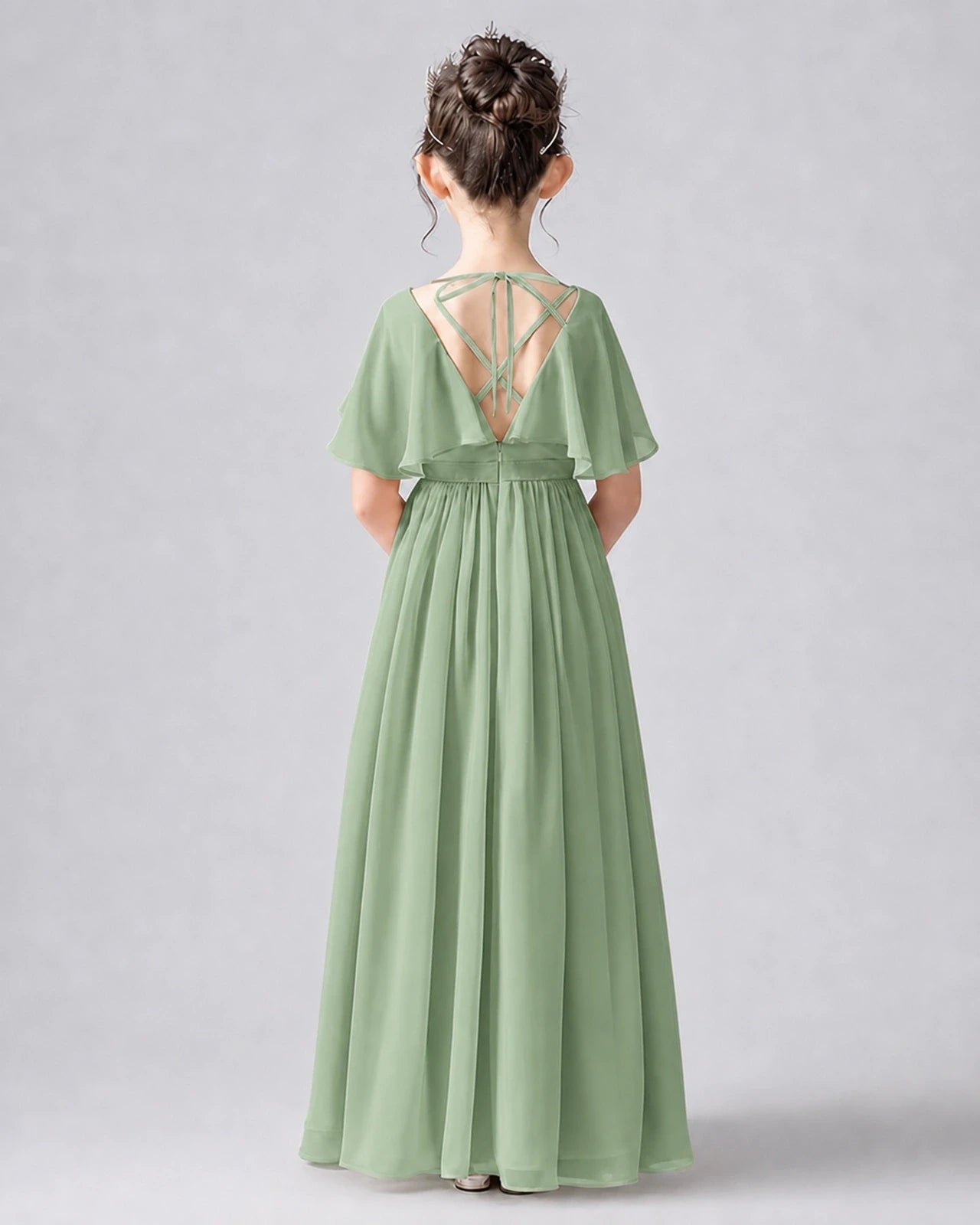 Dideyttawl Junior Bridesmaid Dress with Flutter Sleeves and Chiffon Pleated Skirt