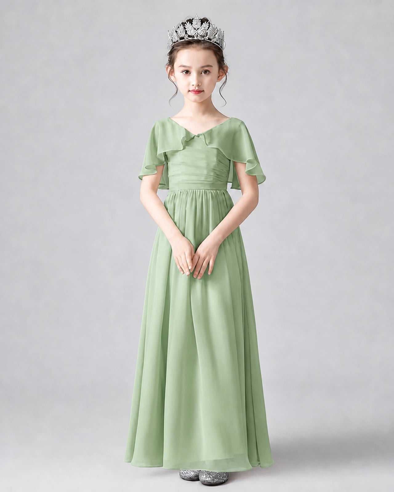 Dideyttawl Junior Bridesmaid Dress with Flutter Sleeves and Chiffon Pleated Skirt