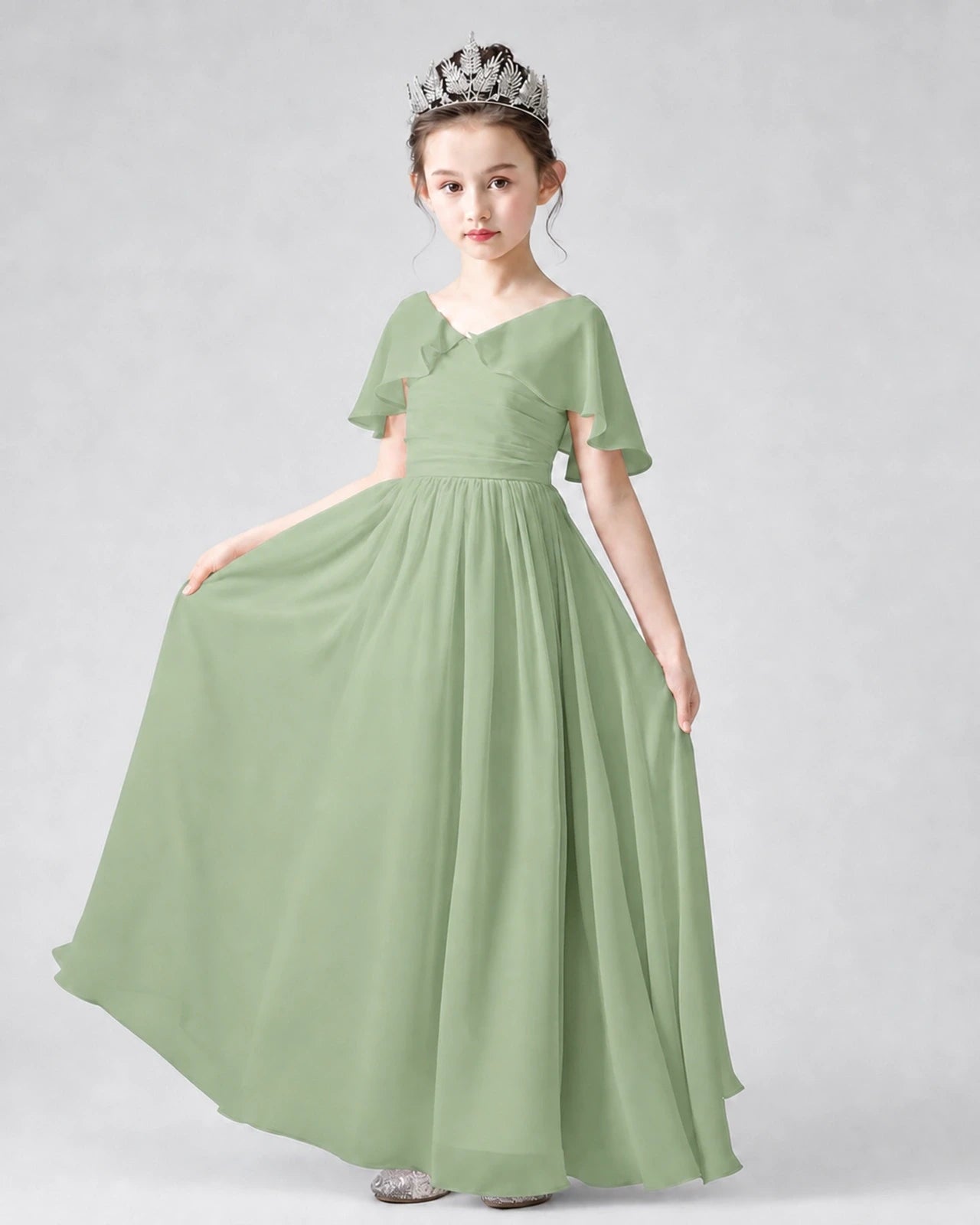 Dideyttawl Junior Bridesmaid Dress with Flutter Sleeves and Chiffon Pleated Skirt