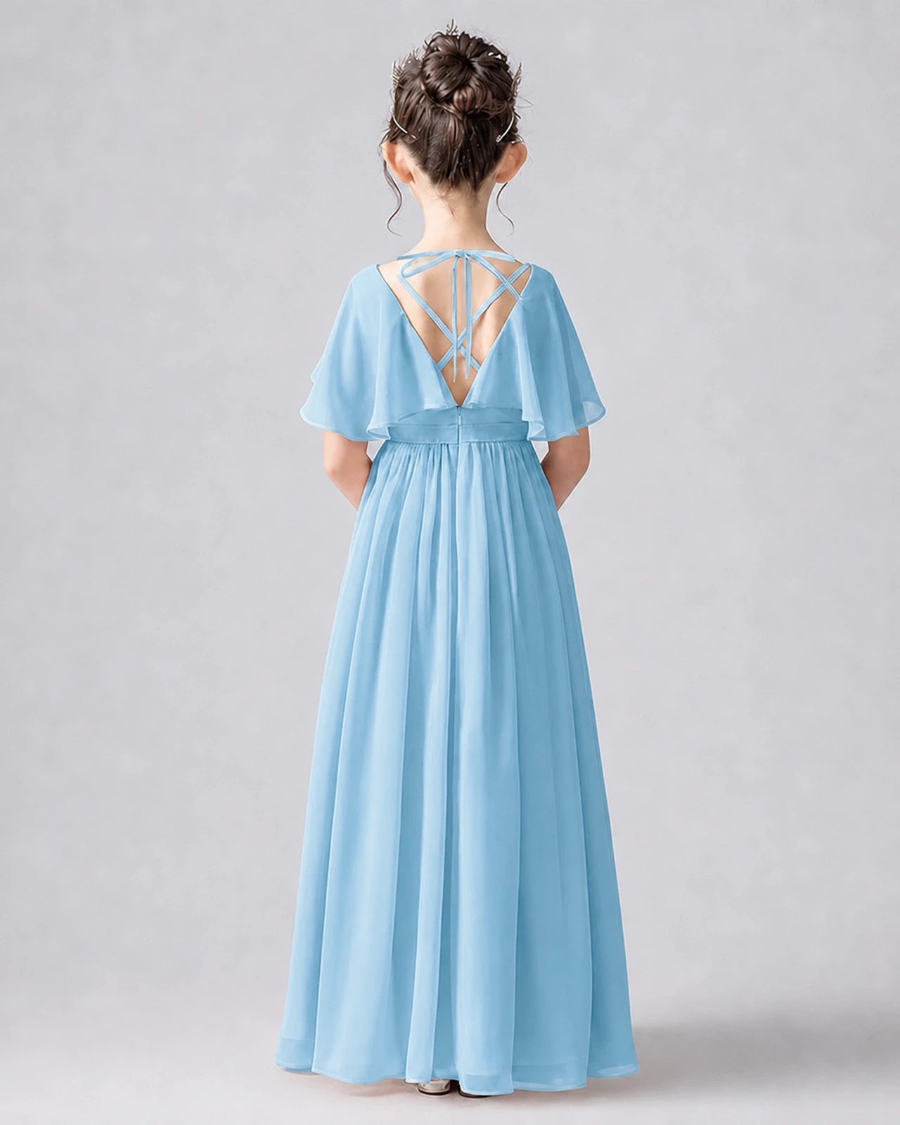 Dideyttawl Junior Bridesmaid Dress with Flutter Sleeves and Chiffon Pleated Skirt
