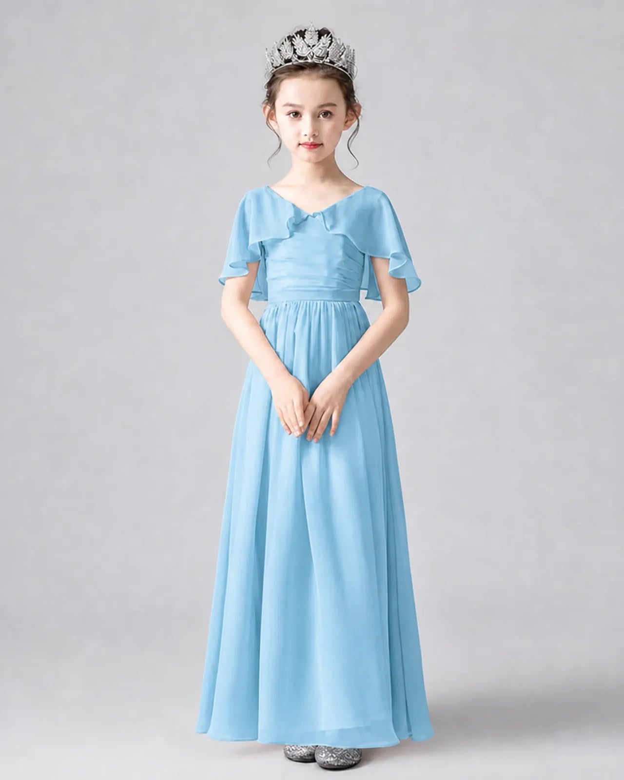 Sky Blue Chiffon A-line Junior Bridesmaid Dress Front View