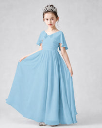 Dideyttawl Junior Bridesmaid Dress with Flutter Sleeves and Chiffon Pleated Skirt