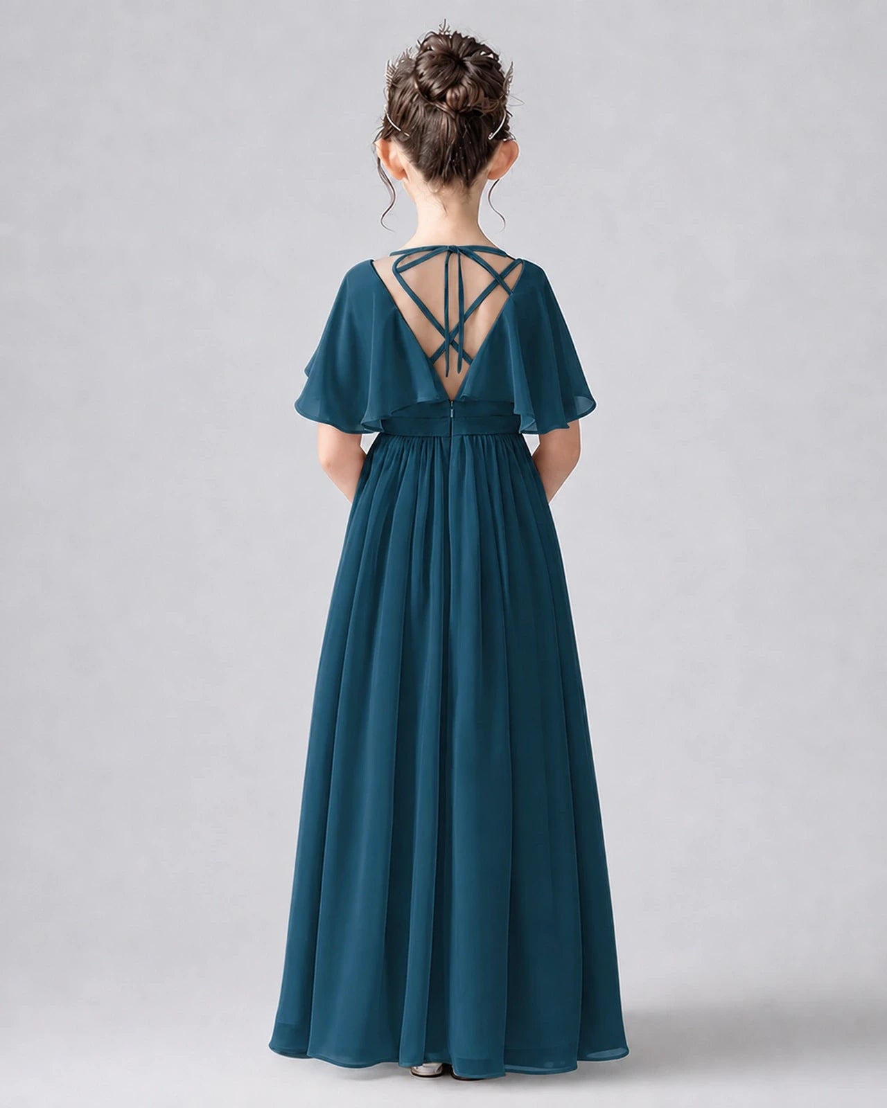 Dideyttawl Junior Bridesmaid Dress with Flutter Sleeves and Chiffon Pleated Skirt
