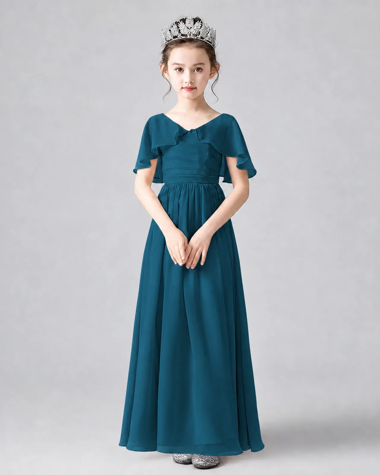 Teal Chiffon A-line Junior Bridesmaid Dress Front View