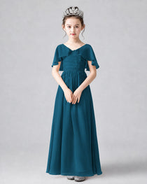 Dideyttawl Junior Bridesmaid Dress with Flutter Sleeves and Chiffon Pleated Skirt