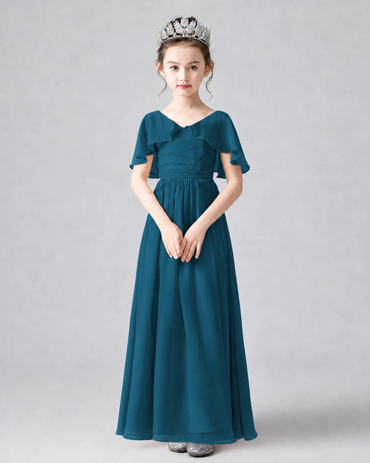 Dideyttawl Junior Bridesmaid Dress with Flutter Sleeves and Chiffon Pleated Skirt