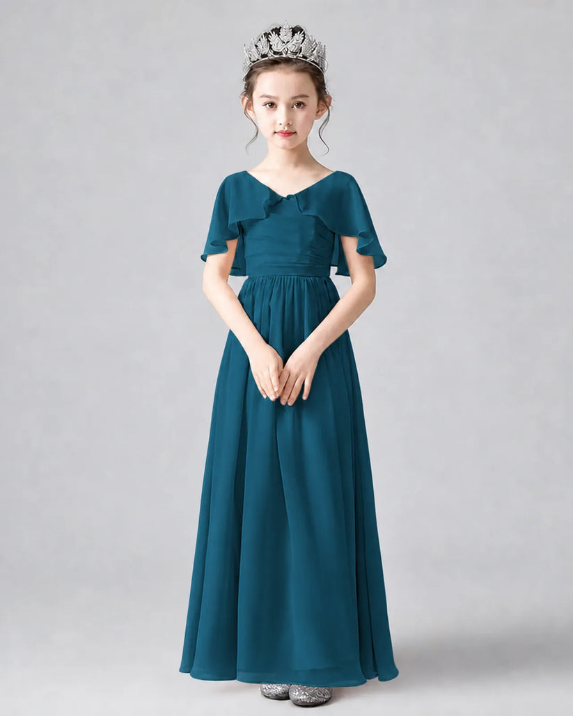 Teal Chiffon A-line Junior Bridesmaid Dress Front View