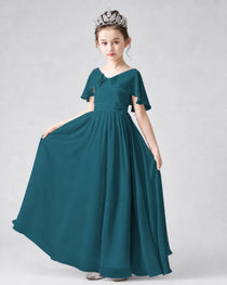 Dideyttawl Junior Bridesmaid Dress with Flutter Sleeves and Chiffon Pleated Skirt