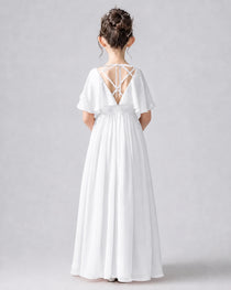 Dideyttawl Junior Bridesmaid Dress with Flutter Sleeves and Chiffon Pleated Skirt