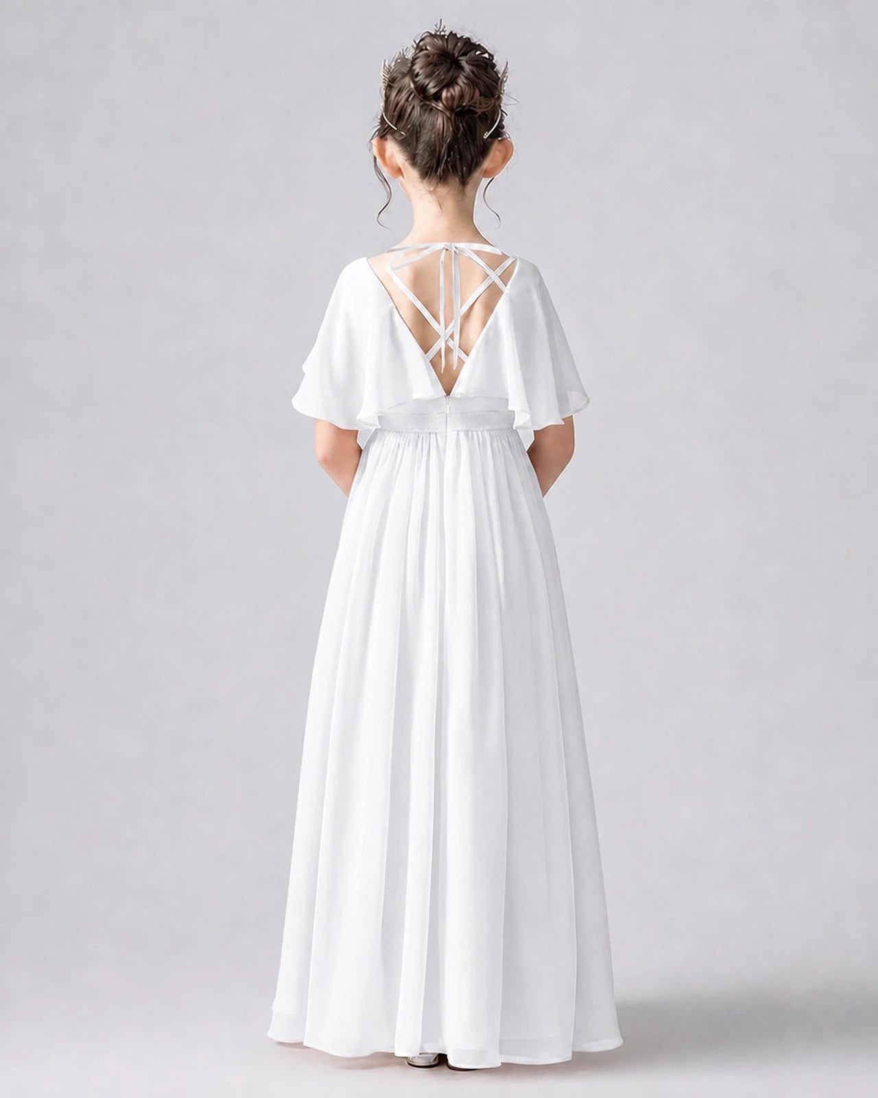 Dideyttawl Junior Bridesmaid Dress with Flutter Sleeves and Chiffon Pleated Skirt