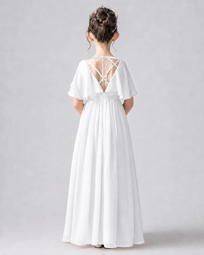 White Chiffon A-line Junior Bridesmaid Dress Back View
