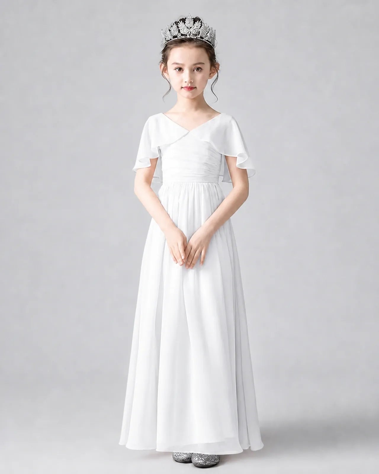 White Chiffon A-line Junior Bridesmaid Dress Front View