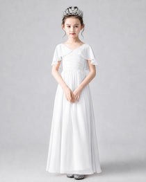 Dideyttawl Junior Bridesmaid Dress with Flutter Sleeves and Chiffon Pleated Skirt