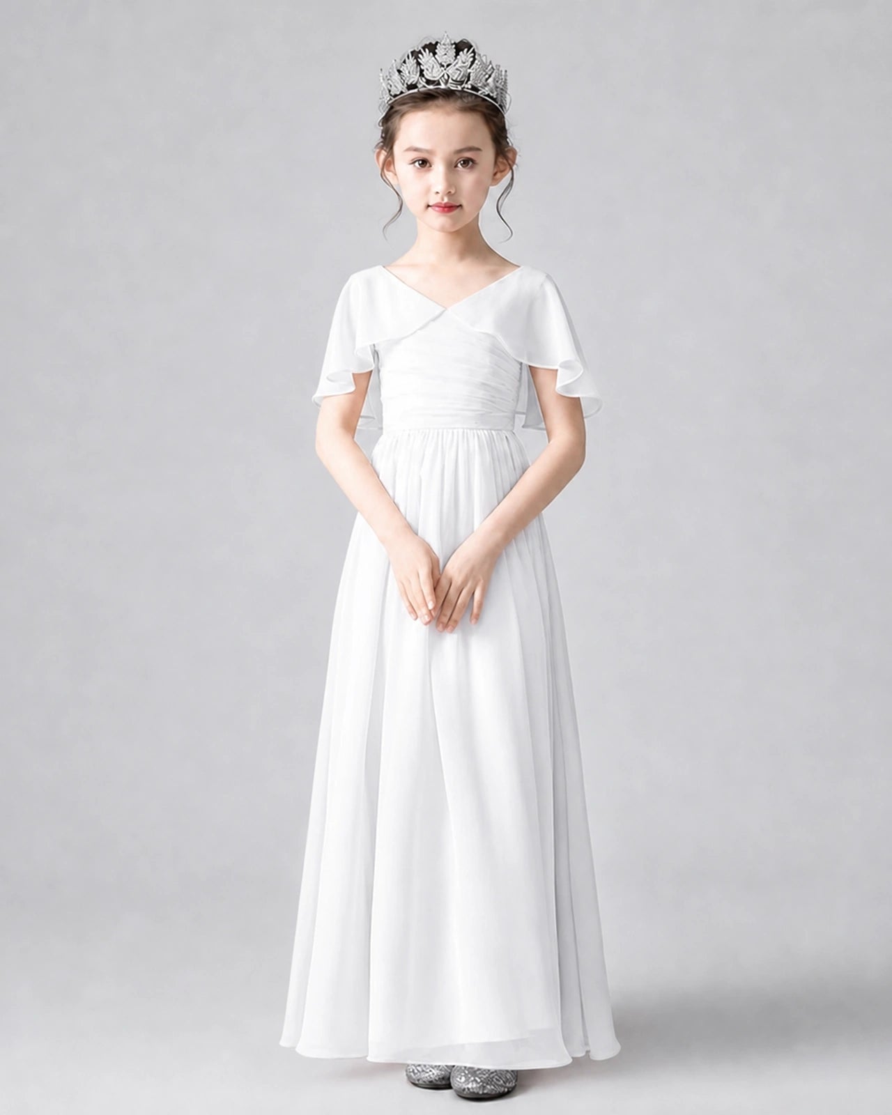 Dideyttawl Junior Bridesmaid Dress with Flutter Sleeves and Chiffon Pleated Skirt