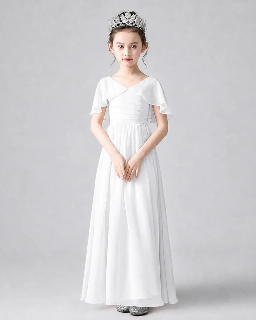 White Chiffon A-line Junior Bridesmaid Dress Front View