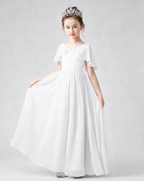 Dideyttawl Junior Bridesmaid Dress with Flutter Sleeves and Chiffon Pleated Skirt