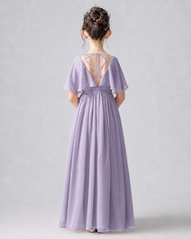 Dideyttawl Junior Bridesmaid Dress with Flutter Sleeves and Chiffon Pleated Skirt