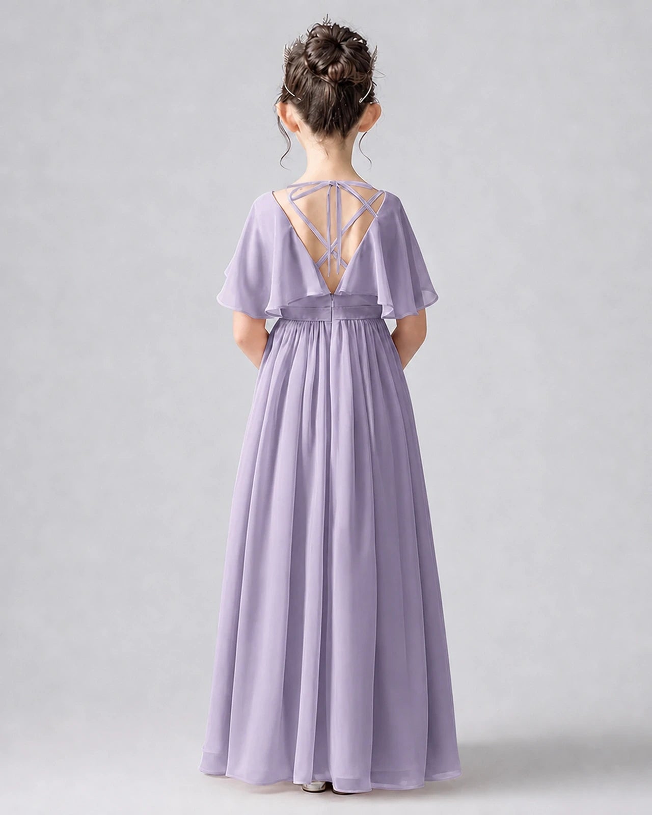 Dideyttawl Junior Bridesmaid Dress with Flutter Sleeves and Chiffon Pleated Skirt